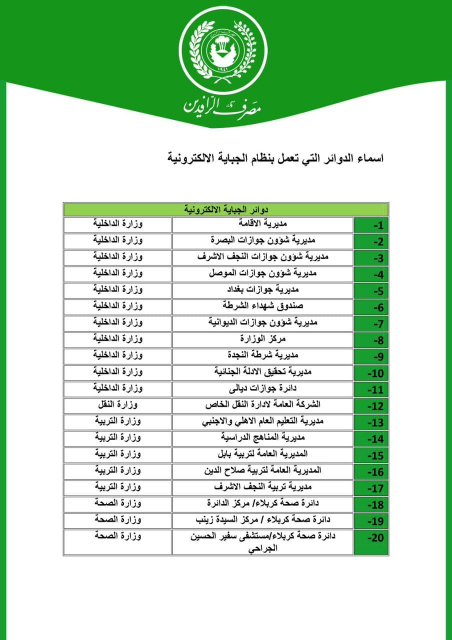 الرافدين يعلن عن الدوائر التي باشرت بتفعيل نظام ال