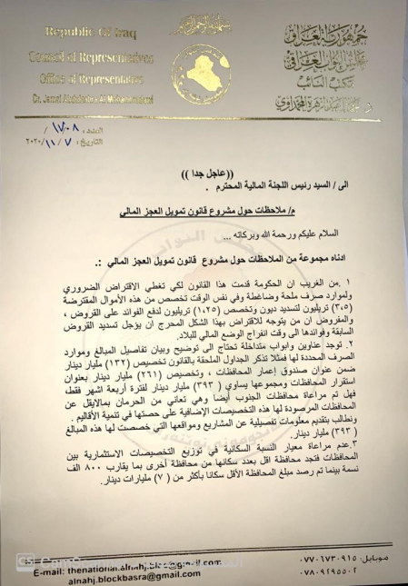 بالوثائق.. جمال المحمداوي يوجه سؤالاً برلمانياً لو