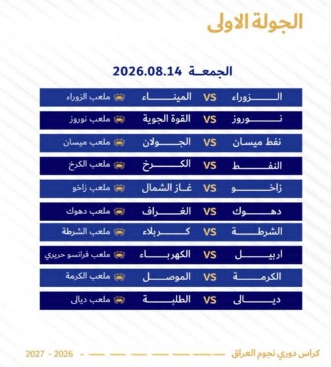 اتحاد الكرة يعلن انطلاق دوري نجوم العراق، للموسم 2026 / 2027 الجمعة المقبل