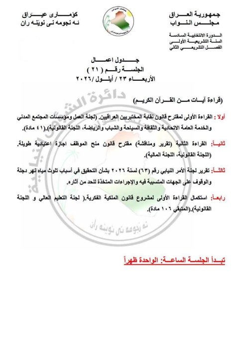  مجلس النواب يناقش غدا الاربعاء عددا من مشاريع ومقترحات القوانين