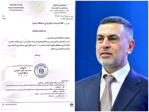 محافظ البصرة يوجّه بتخصيص أراضٍ لإنشاء ملاعب كرة قدم في الوحدات الإدارية