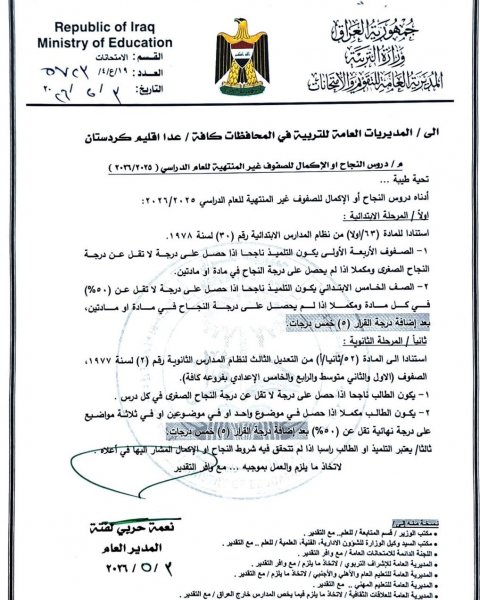 التربية تحدد ضوابط النجاح والإكمال للصفوف غير المنتهية للعام الدراسي 2025–2026
