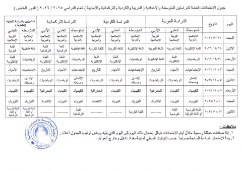 وزارة التربية تعلن جدول امتحانات الدور الخاص للدراستين المتوسطة والاعدادية